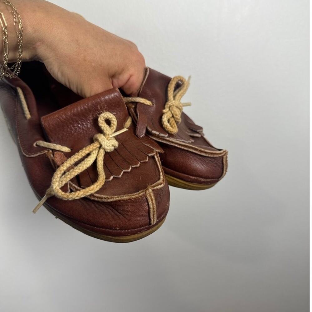 Cherokee Vintage Brown Leather Fringe Tassel Moccasin Wedge Loafers 7.5 - Picture 4 of 7